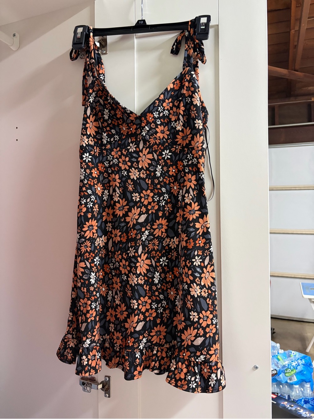 Black Floral Tie-Shoulder Sundress with Orange & White Blooms